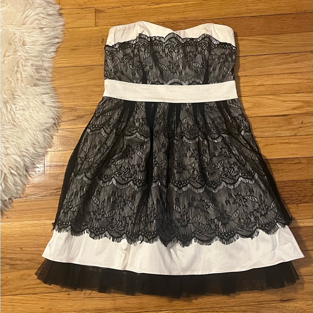 strapless black and beige dress